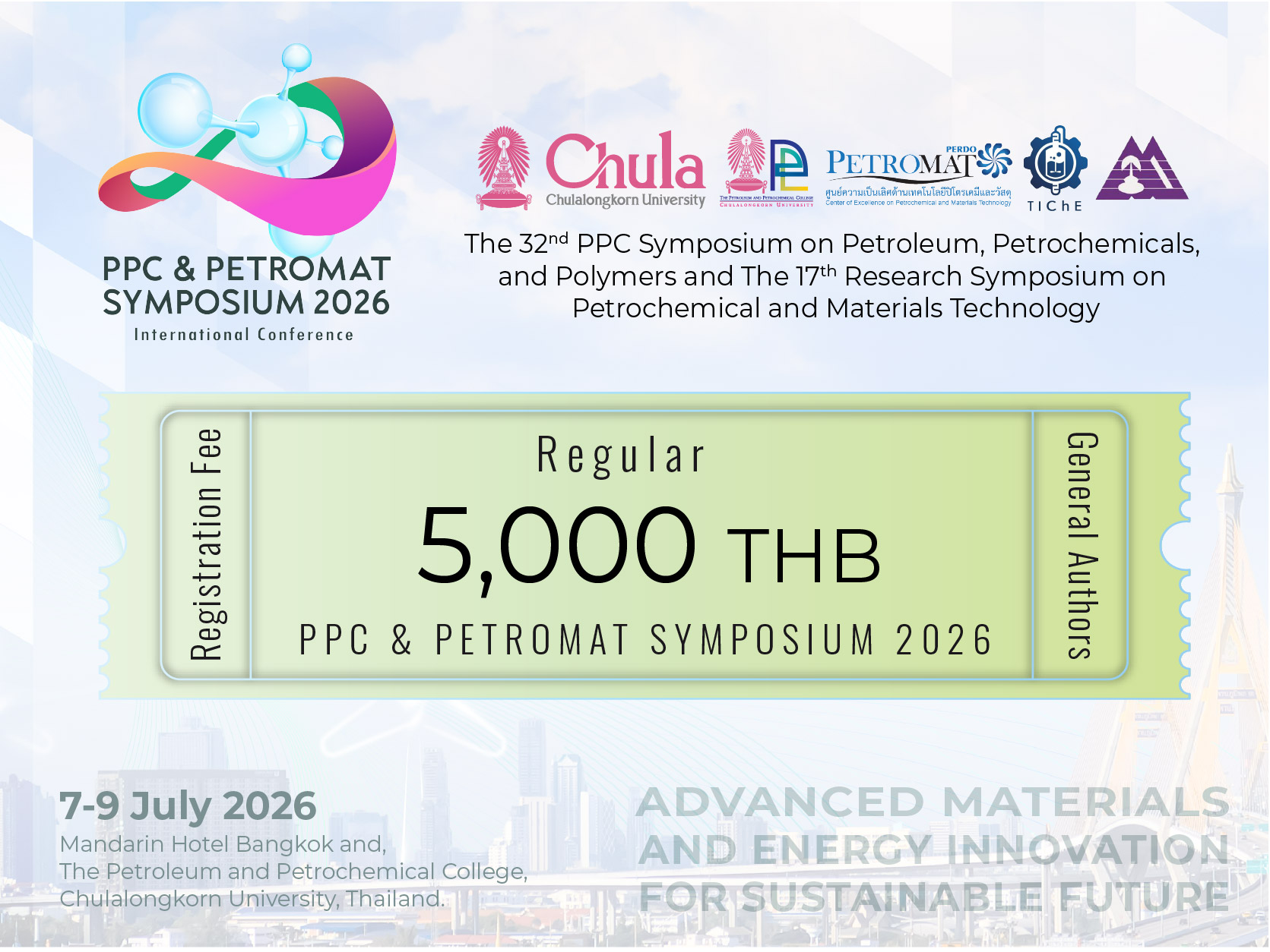 ค่าลงทะเบียนงานประชุมวิชาการ (General, Regular, Package A) "The 32nd PPC Symposium on Petroleum, Petrochemicals, and Polymers and The 17th Research Symposium on Petrochemical and Materials Technology"